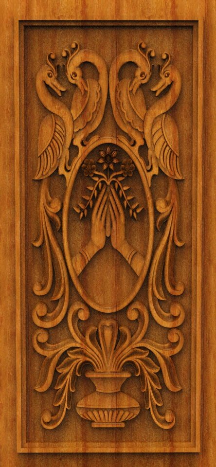 3D DOOR - OAK-51 Traditional Namaste Gesture and Peacock Motif Carved Wood Panel